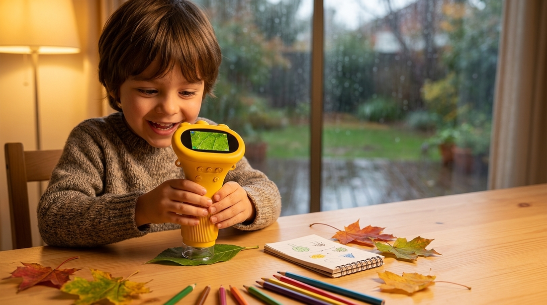 Niño usando un microscopio infantil Discovery amarillo en vacaciones de invierno