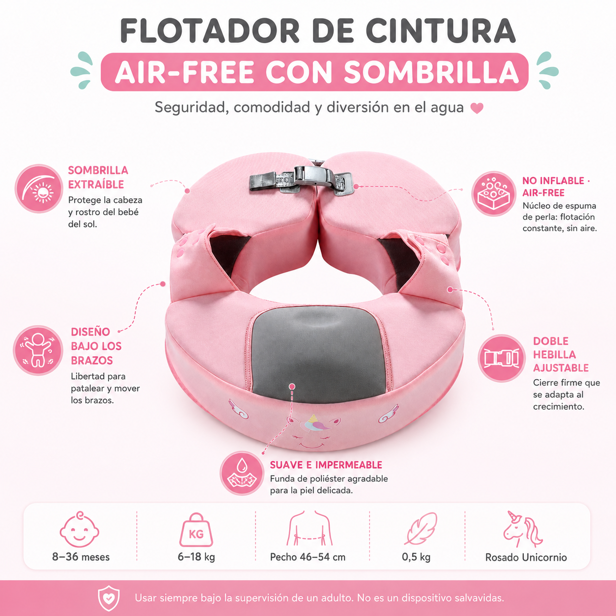 Flotador de Cintura Air-Free Mambobaby con Sombrilla UV – Rosado Unicornio | No Inflable 8-36 Meses