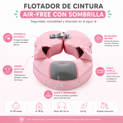 Flotador de Cintura Air-Free Mambobaby con Sombrilla UV – Rosado Unicornio | No Inflable 8-36 Meses